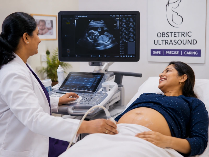 Advanced high-resolution pregnancy ultrasound workstation performing a high-precision obstetric ultrasound scan to evaluate fetal structures, crown-rump length, and amniotic fluid volume layers